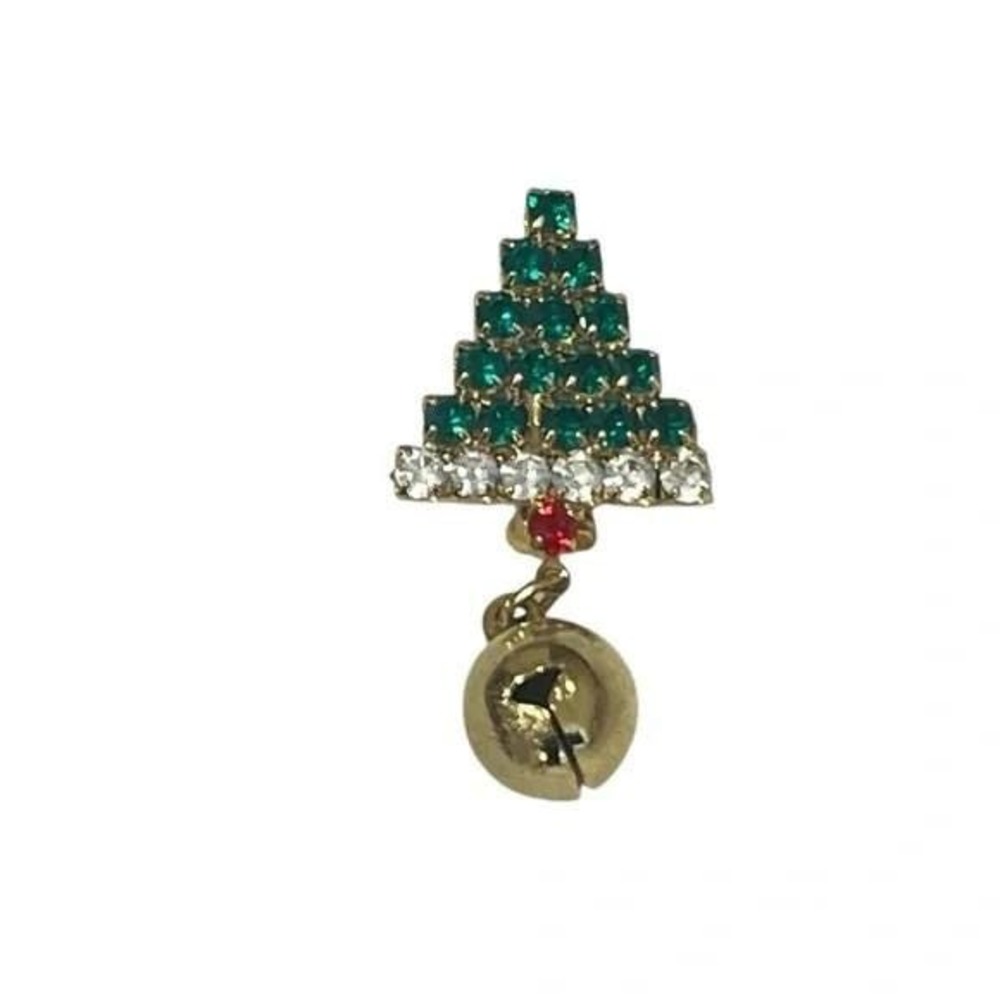 Rhinestone Christmas Tree Bell Brooch